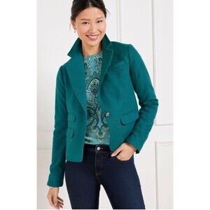 TALBOTS Teal Shetland Crop Wool Blend Jacket Blazer Size 12 Pewter Cuff Buttons